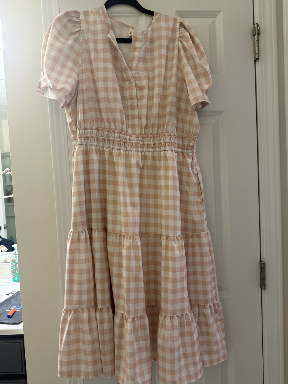 Gingham Tiered Midi Dress in Pink and Cream
